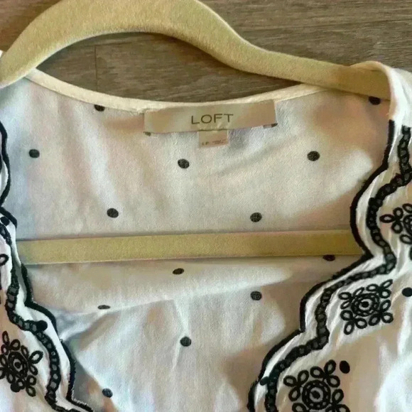 Ann Taylor Loft Polka Dot White Scalloped Trim Wrap Blouse - Picture 3 of 4